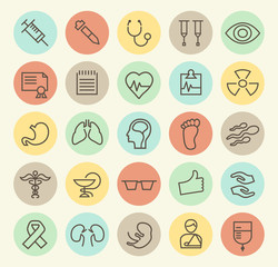 Set of Isolated Universal Minimal Simple Thin Line Medical Icons on Circular Color Buttons.