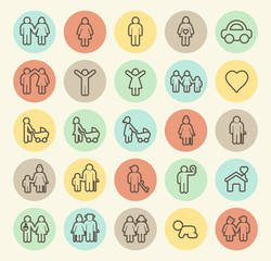 Fototapeta premium Set of Isolated Universal Minimal Simple Thin Line Family Icons on Circular Color Buttons.