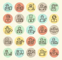 Set of Isolated Universal Minimal Simple Thin Line Professions Icons on Circular Color Buttons.