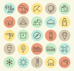 Set of Isolated Universal Minimal Simple Thin Line Travel Icons on Circular Color Buttons.