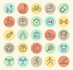 Set of Isolated Universal Minimal Simple Vintage Thin Line Fitness Icons on Circular Color Buttons.
