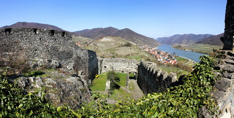 Spitz castle ruin Hinterhaus, Danube river, Austria.