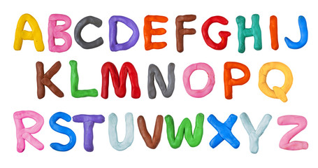 Handmade plasticine alphabet isolated on white background. English colorful letters of modelling clay. - obrazy, fototapety, plakaty