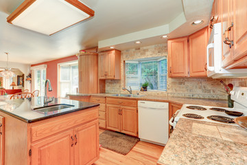 Bright kitchen interior with oak wood cabinetry