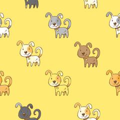 Seamless pattern with cute cartoon doodle dogs on  yellow  background. Little colorful puppies. Funny animals. Children's illustration. Vector  image.