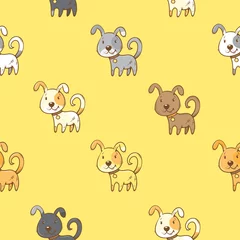 Muurstickers Speelgoed Naadloze patroon met schattige cartoon doodle honden op gele achtergrond. Kleine kleurrijke puppy& 39 s. Grappige dieren. Kinder illustratie. Vector afbeelding.