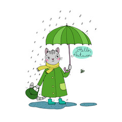 Cute cartoon cat, umbrella, rain and puddles.