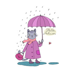 Cute cartoon cat, umbrella, rain and puddles.
