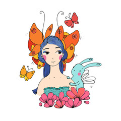 Beautiful young girl, butterflies and hare