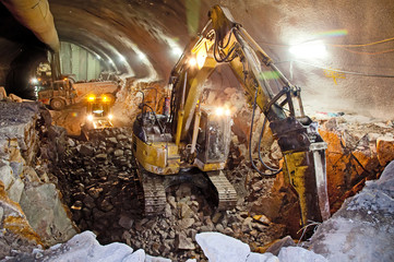 Hydraulic Hammer Excavator - Concrete Road Tunnel Construction