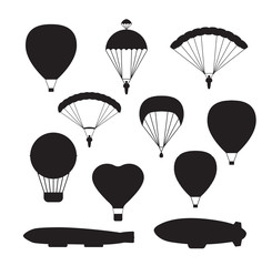 Obraz premium Illustration with different aerostats flat icons cartoon graphic. Modern balloon aerostat transport sky hot fly adventure journey and old vector air ballon travel transportation flight airship.