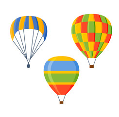 Illustration fly parachute flat icon cartoon graphic. Modern parachute extreme transport sky adventure journey and air parachute travel transportation flight airship. Hight jump down