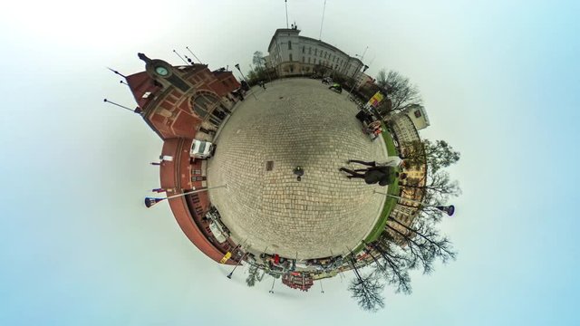 People Walking Near Brick Buildings vr Video 360 Little Planet Video Walkers Are Crossing the Square Green Grass Cityscape Vintage Buildings Trees