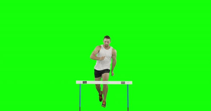 Athlete man running and jumping over hurdle