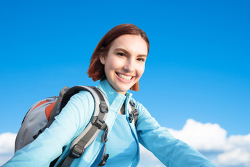 happy woman mountain hiker