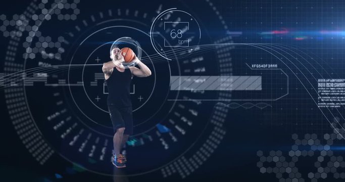 Athlete playing basketball against animated background