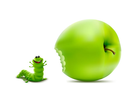 Cute Caterpillar Eating An Apple Against White Background. High Quality EPS 8 Illustration.