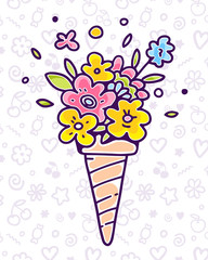 Vector colorful illustration of flower composition in waffle con