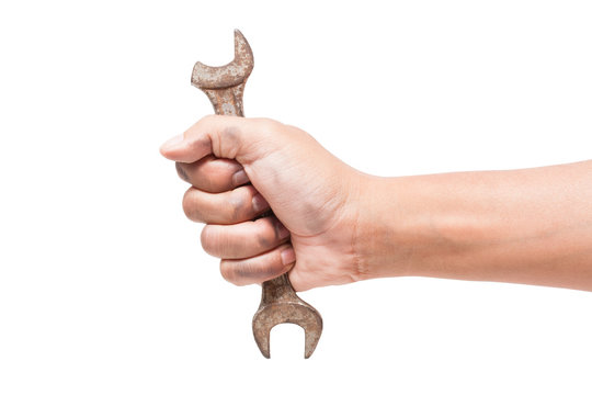 Hand holding a fracture spanner isolated on a white background with using path 