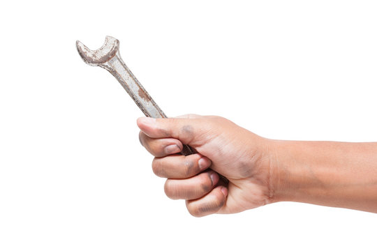 hand holding a spanner isolated on a white background