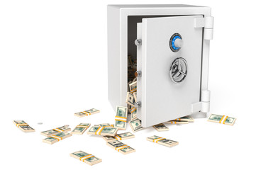 Opened bank safe with money stacks against white background. High quality 3d render.