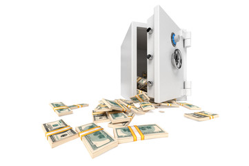 Opened bank safe with money stacks against white background. High quality 3d render.