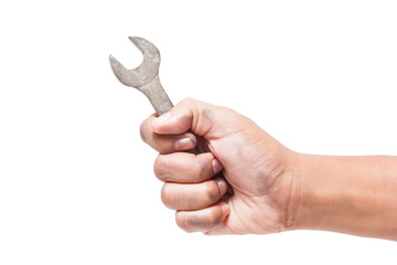 hand holding a spanner isolated on a white background with using path 