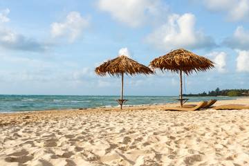 Beach umbrellas and sun loungers on the beach
