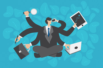 Business concept. Multitasking businessman working very busy with many hands holding multiply devices and clocks for background.