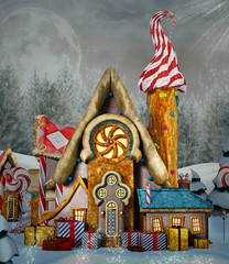 Gingerbread house in a snowy enchanted scenery