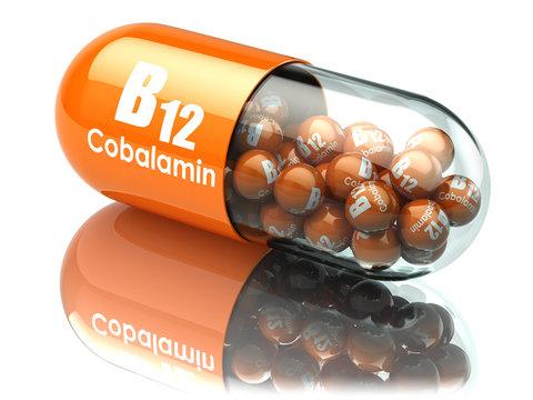 Vitamin B12 capsule. Pill with cobalamin. Dietary supplements.