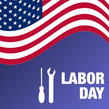 vector illustration wth labor day lettering,  usa flag  and building tools background