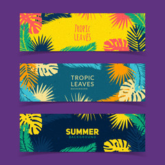 Summer banners set. Colorful tropic leaves composition. Eps10 vector illustration.