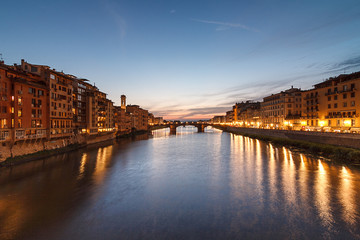 Sunset in Florence, Tuscany, Italy. Scenic view of the citi from the bridges over Arno river
