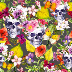 Human skulls, flowers, autumn leaves. Seamless pattern. Watercolor