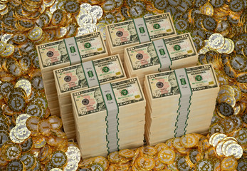Bitcoins and Dollar - 3D Rendering 