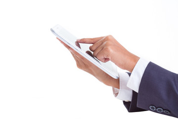Businessman hands holding and pointing on contemporary digital frame with blank screen. 