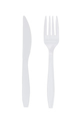 White plastic fork and knife on white background