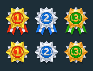 Win medals set. Colorful 3d award medals. 1st, 2nd and 3rd places. 3d prize medals. Eps10 vector illustration.