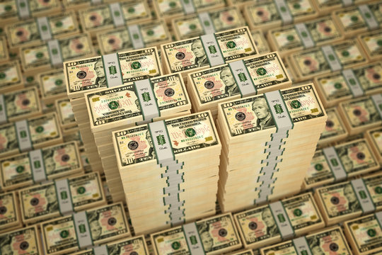 Piles of 10 Dollar bills - 3D rendering