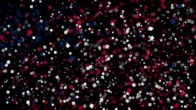 spirited celebratory fireworks from flat confetti particles with main national colors revealing the flag of United States of America