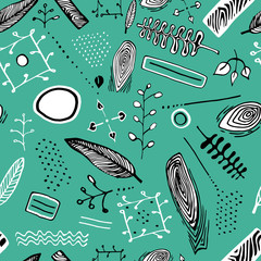 Nature seamless vector pattern with flowers, branches. leaves, berries.