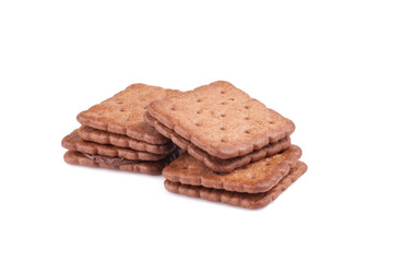 Chocolate cookies with creamy layer isolated on white