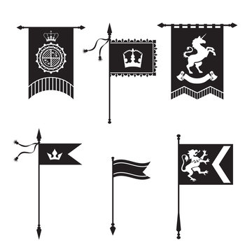 Pennant and gonfanon silhouettes - with unicorn, crowns and flow