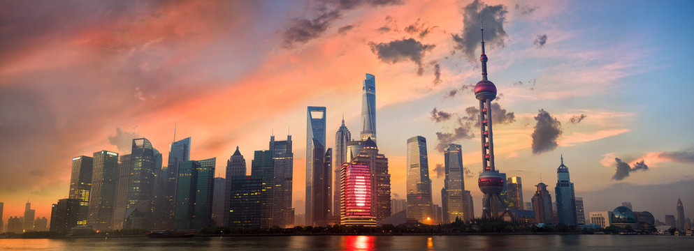 Shanghai Pudong skyline panorama at sunrise, China