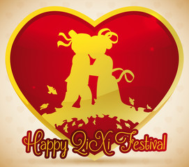 Golden Heart with Couple Silhouette Celebrating Qixi Festival, Vector Illustration