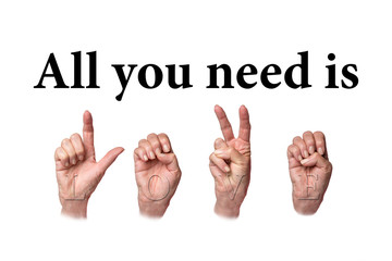 Inspirational graphic with sign language alphabet images for the word LOVE