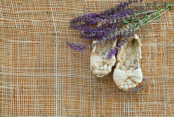 bast shoes on canvas background