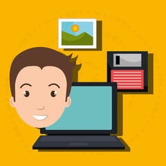 man laptop floppy folder