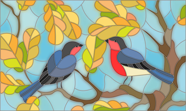 Illustration in stained glass style on the theme of autumn, two bullfinches in the sky and oak  leaves
